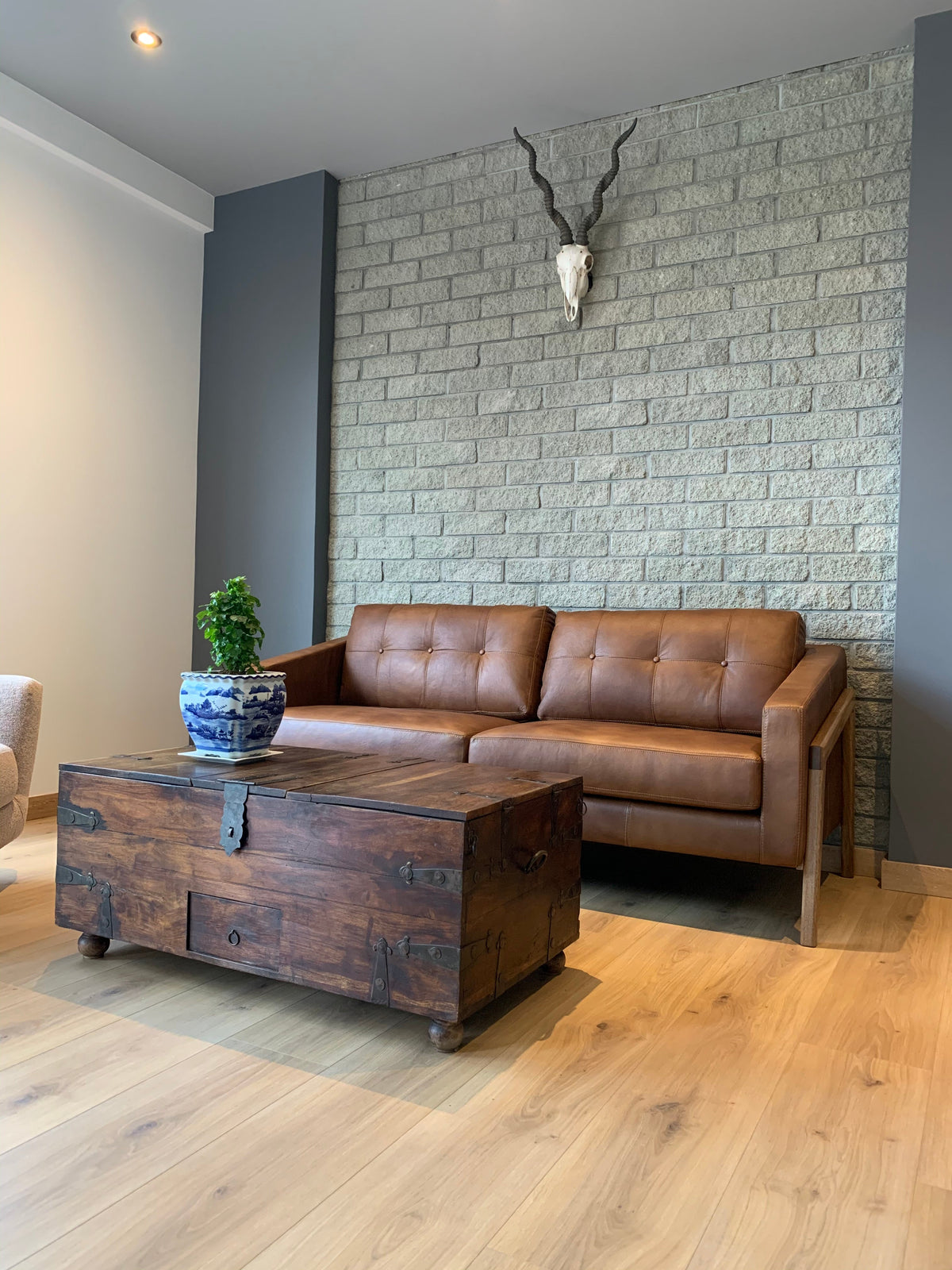Manhattan Loft | Handcrafted Oak &amp; Brown Leather Three-Seat Sofa
